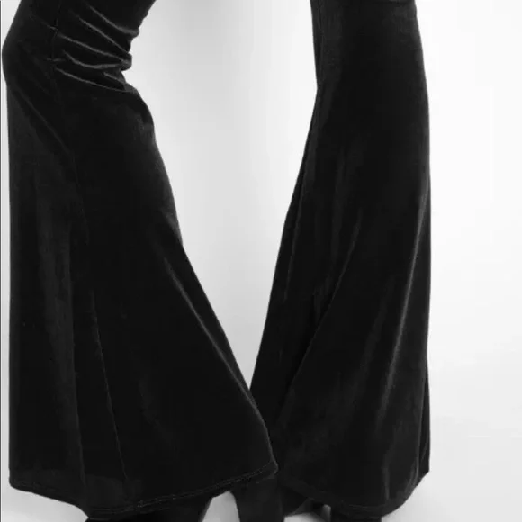Black velvet velour wide flared bell bottom dress pants rave Xs - Picture 2 of 2